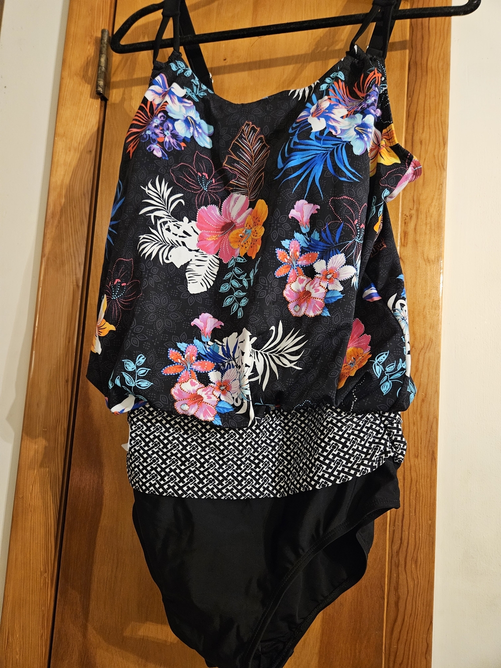 Floral Blouson One-Piece Swimsuit in Black with Multicolor Floral Print